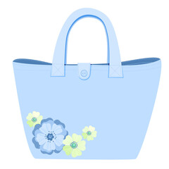 Vector image of a women's bag in blue.  Shopping bag.  The bag is decorated with blooming flowers.  Illustration in a flat style.