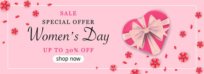 Fototapeta na wymiar Pink banner for happy Women's Day. Special offer for International Women's day with a gift box and flowers. Vector template. 