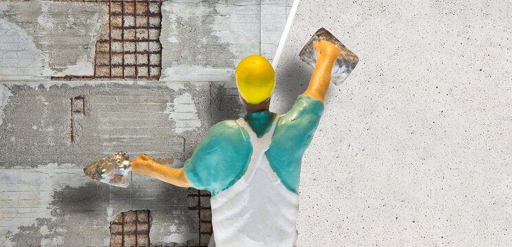 Old reinforced concrete structure with damaged and rusty metallic reinforcement versus new concrete wall - concept with miniature of construction worker