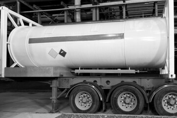 A tank car for the transportation of dangerous goods. Liquid oxygen tank. Black and white photo