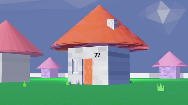 Cerca del centro del metaverso. Casa virtual nft style roblox at&iacute;pica situada en un barrio tokenizado residencial metaverse NFT play-to-earn.