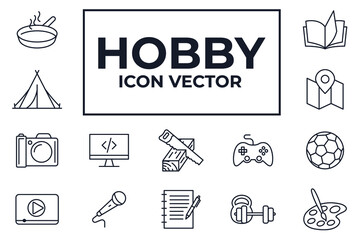 Set hobby icon. Hobbies for children or people at home and outdoors. Sports, reading, drawing, symbol template for graphic and web design collection logo vector illustration - obrazy, fototapety, plakaty