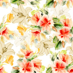 Obraz premium Seamless pattern with flowers rose and lily on white background painting in watercolor.