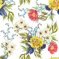 Seamless pattern with bouquet different garden flowers painting in watercolor.