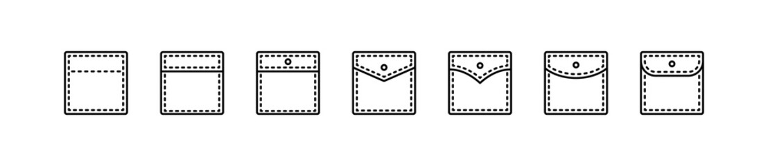 Set of vector icons patch pocket. Trousers, clothes, dress, shirt, jacket. Vector sign in a simple style, isolated on a white background.