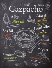 Gazpacho Rezept auf Kreidetafel in Retro Style. Kalte Spanische Suppe.