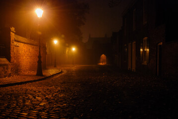 Illuminated cobbled street in an old town with light reflections on cobblestones, three streetalmps...