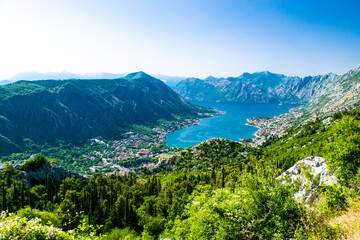 Fototapeta na wymiar Beautiful top view to Boka Kotorska Bay and and the surrounding mountains. Adriatic Sea. Dalmatia. Balkan. Montenegro.