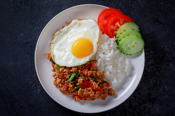Thai Food Stir Fried Pork with Basil Leaves Popular food in Thailand.