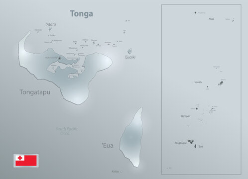 Tonga map, islands with names, design glass card 3D vector