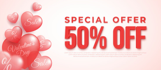 Valentines Day Sale special offer for web banner, advertising and commercial template with heart 3d decoration