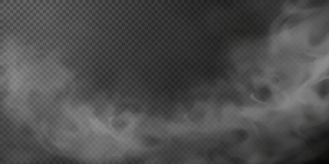 White smoke puff isolated on transparent black background. PNG. Steam explosion special effect. Effective texture of steam, fog, smoke png. Vector illustration	
