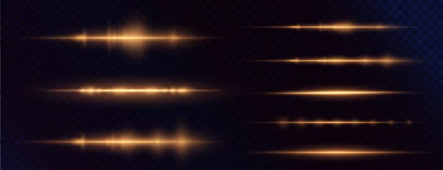 Foto auf Leinwand Gold horizontal lens flares pack. Laser beams, horizontal light rays. Beautiful light flares. Glowing streaks on light background. Collection effect light gold line png.   © Sergey