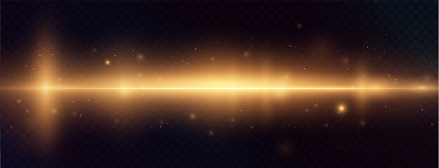 Gold horizontal lens flares pack. Laser beams, horizontal light rays. Beautiful light flares. Glowing streaks on light background. Collection effect light gold line png.	
