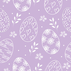 Easter eggs, branch and flower seamless pattern . Elements for holiday on lilac background. Vector illustration