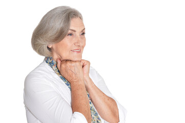 Portrait of emotional senior woman posing isolated
