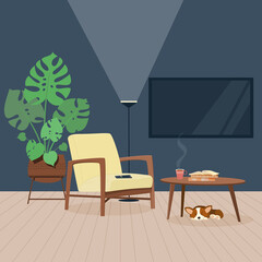 Cozy place to read or watch TV. Yellow armchair, TV, houseplants, lamp. Vector illustration in flat style.  Graphic design template.