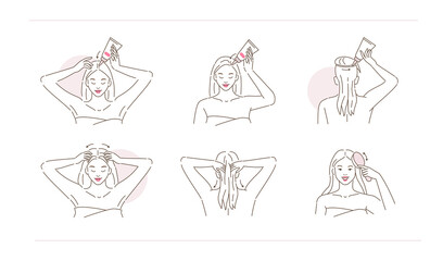 Scalp treatment illustration set. Beauty girl taking care of her hair roots and scalp skin and applying serum. Beauty haircare routine. Vector illustration.