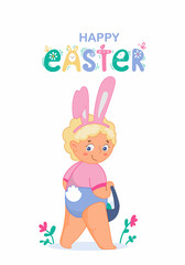 A small child in an Easter bunny costume with a basket of eggs. Cute cartoon - style character .Easter card, congratulations on the holiday.