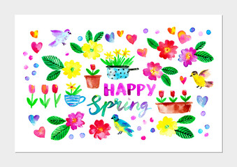 Spring season background with flowers, birds, hearts