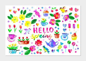 Spring season flowers, birds, hearts, teapot, cup, cake, candy