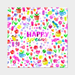 Fototapeta na wymiar Spring season background with flowers, birds, hearts, teapot, cup, cake, candy