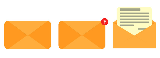 Opened and closed envelope with note paper card. Set of envelopes icons. vector illutration