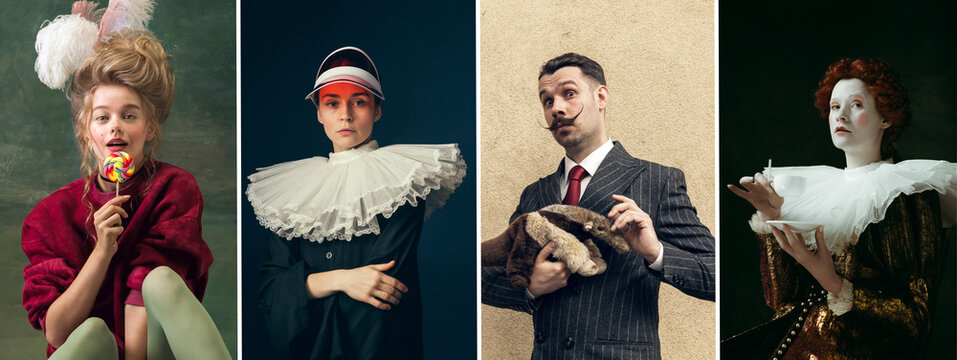 Set of young people in image of historical, medieval persons in vintage clothing on dark background. Concept of comparison of eras, modernity.