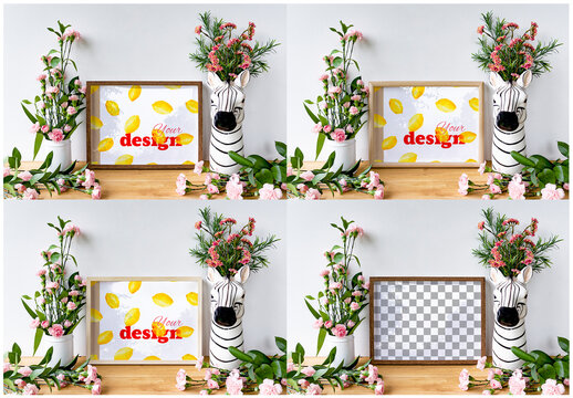 Wooden Horizontal Frame Set with Zebra Vase and Flowers