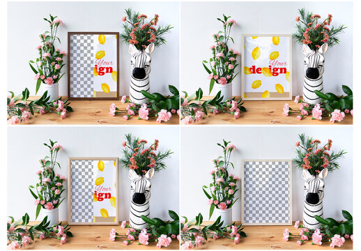 Wooden Vertical Frame Set with Zebra Vase and Flowers