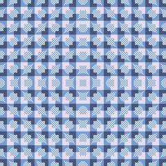 Abstract seamless vector pattern with checkered grid texture in blue and light violet. Modern playful geometric Truchet design for fashion, home decor and wallpaper.