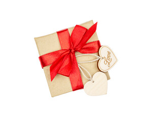 Gift Box with a Red Bow and Hearts. Isolate on a White Background. Holiday Concept, Gift, Love, Romance. 
