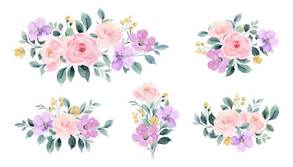 Obraz na płótnie Canvas Pink purple flower arrangement collection with watercolor