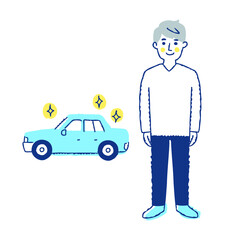 ピカピカの車の前で立っている若い男性