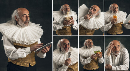 Set of images of elderly gray-haired man, actor or medieval person isolated on dark vintage...