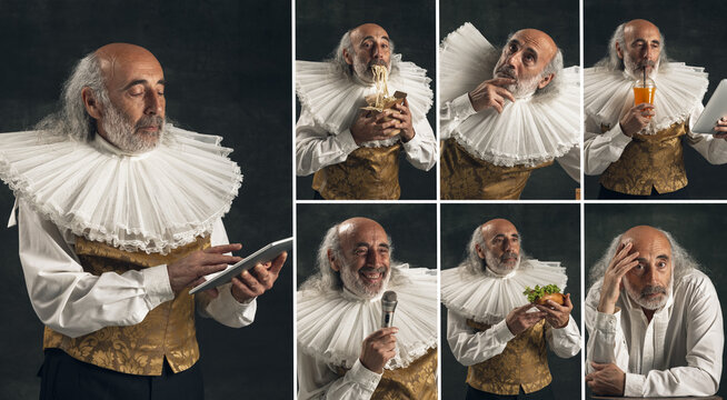 Set of images of elderly gray-haired man, actor or medieval person isolated on dark vintage background. Retro style, comparison of eras concept.