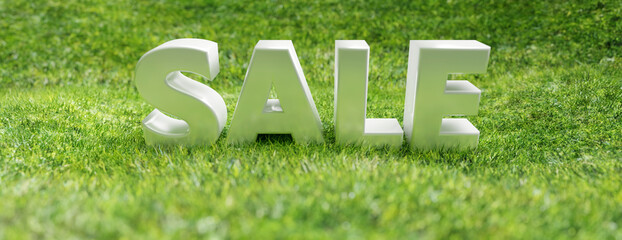 Sale white word on green grass field background, texture, banner. 3d illustration
