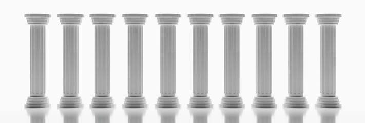 Pillar in a row, colonnade isolated on white. Marble column, court building detail. 3d illustration