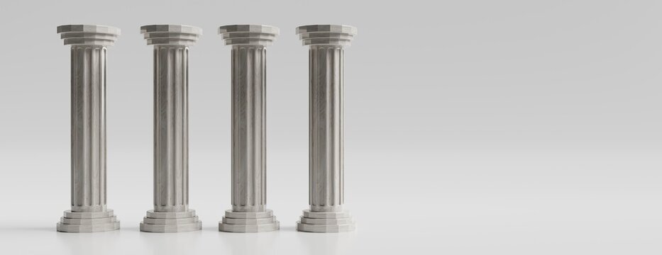 Pillar in a row, colonnade isolated on grey. Marble column, court building detail. 3d illustration