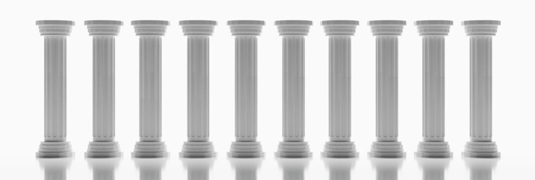 Pillar in a row, colonnade isolated on white. Marble column, court building detail. 3d illustration