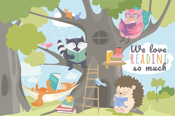 Cute animals reading books concept background