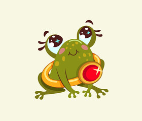 A cute frog is holding a wedding gold ring with a red stone. 