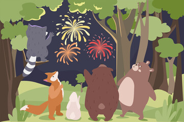 Animals watch fireworks concept background