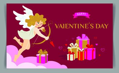 Valentine's day poster or card with cute cupid and boxes with gifts, pink cloud on dark red background.