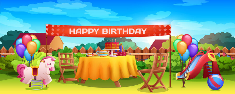 Cartoon Happy Birthday children party with holiday decoration on backyard. Festive table with cake and candles. Kids celebration on grass lawn with slide, pink rocking horse and balloons bunches.