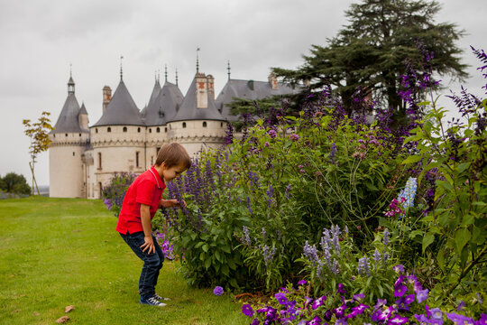 Cute boy in Chaumont gardens, smiling at camera