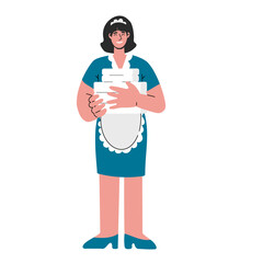 Maid in uniform holding stack towel.Cleaning service.Vector falt illustration