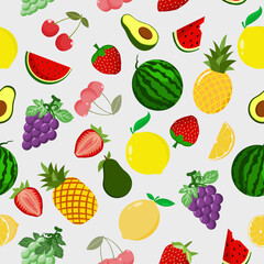 Fruit seamless pattern with watermelon, strawberry, pineapple, grapes,cherry,avocado and lemon,cute seamless pattern vector illustration.