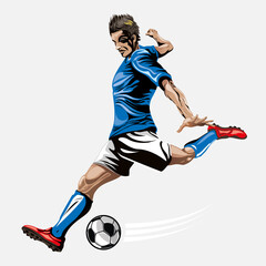 Soccer player with a blue uniform about to kick the football. Soccer concept design illustration. © trattieritratti