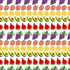 Fruit seamless pattern with grapes, strawberry,lemon,watermelon and avocado, cute seamless pattern vector illustration.